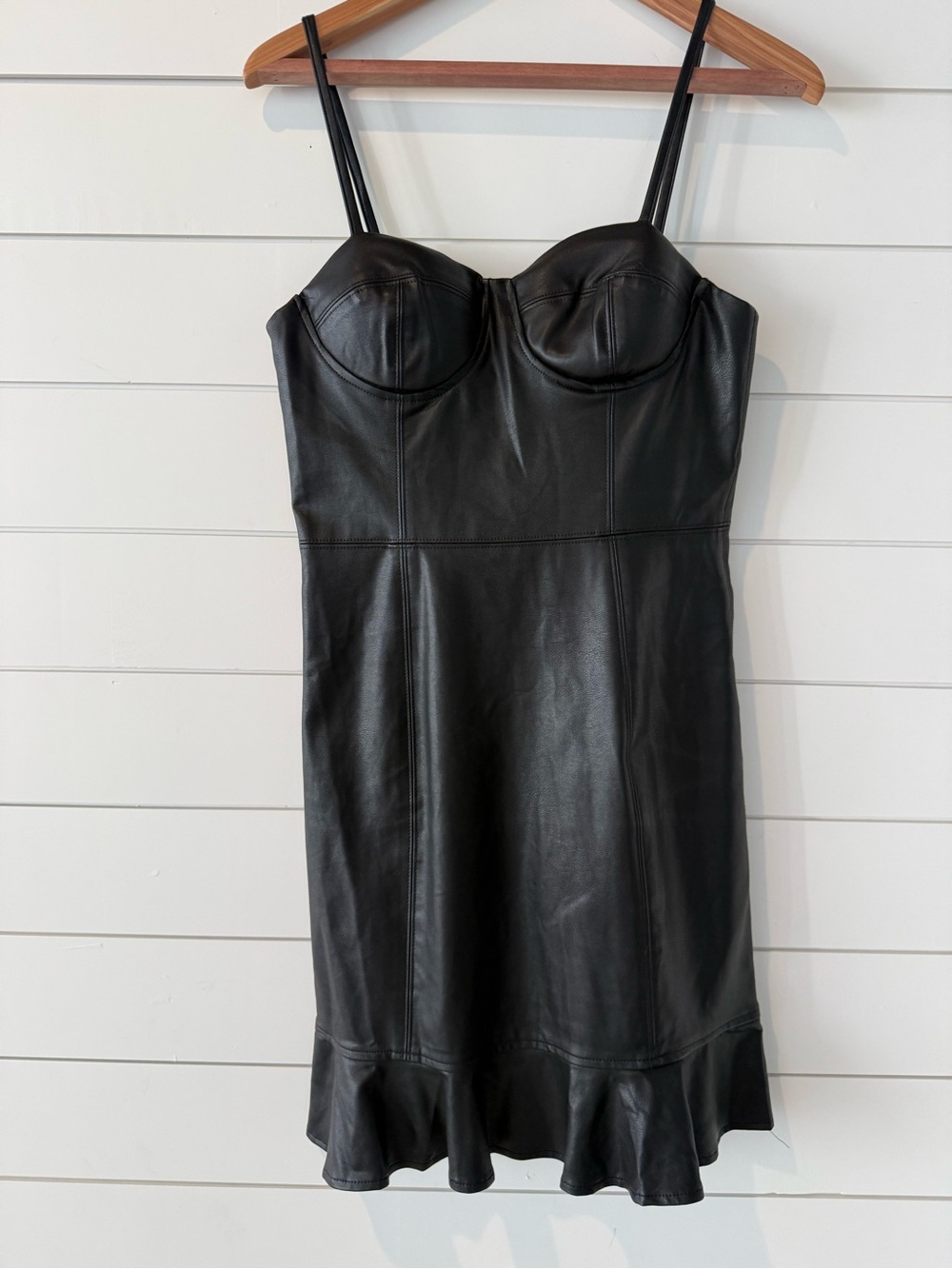 Gracia Black Faux Leather Mini Dress with Spaghetti Straps